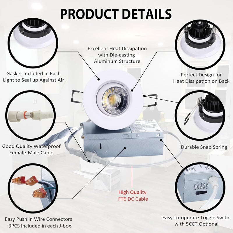 POPANU Canless Recessed Gimbal Downlight Rotatable-Spotlight 5 CCT 3 Inch Eyeball Ceilling Potlight, Dimmable Recessed Lights Fixture with Junction Box, 8W CCT Adjustable, White Round Trim, 6 Pack - Image 4